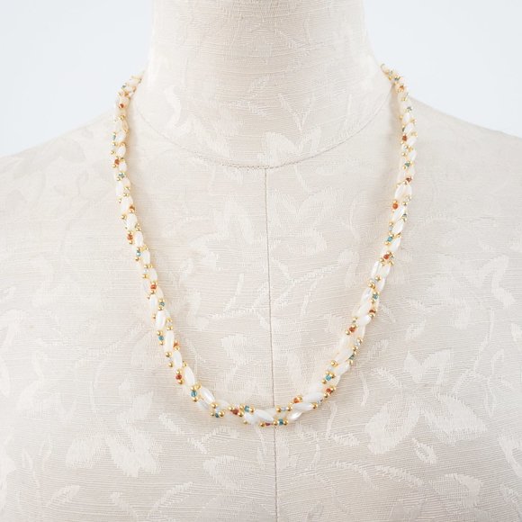 Vintage Jewelry - Vintage Braided Twist Beaded Necklace Gold Cream